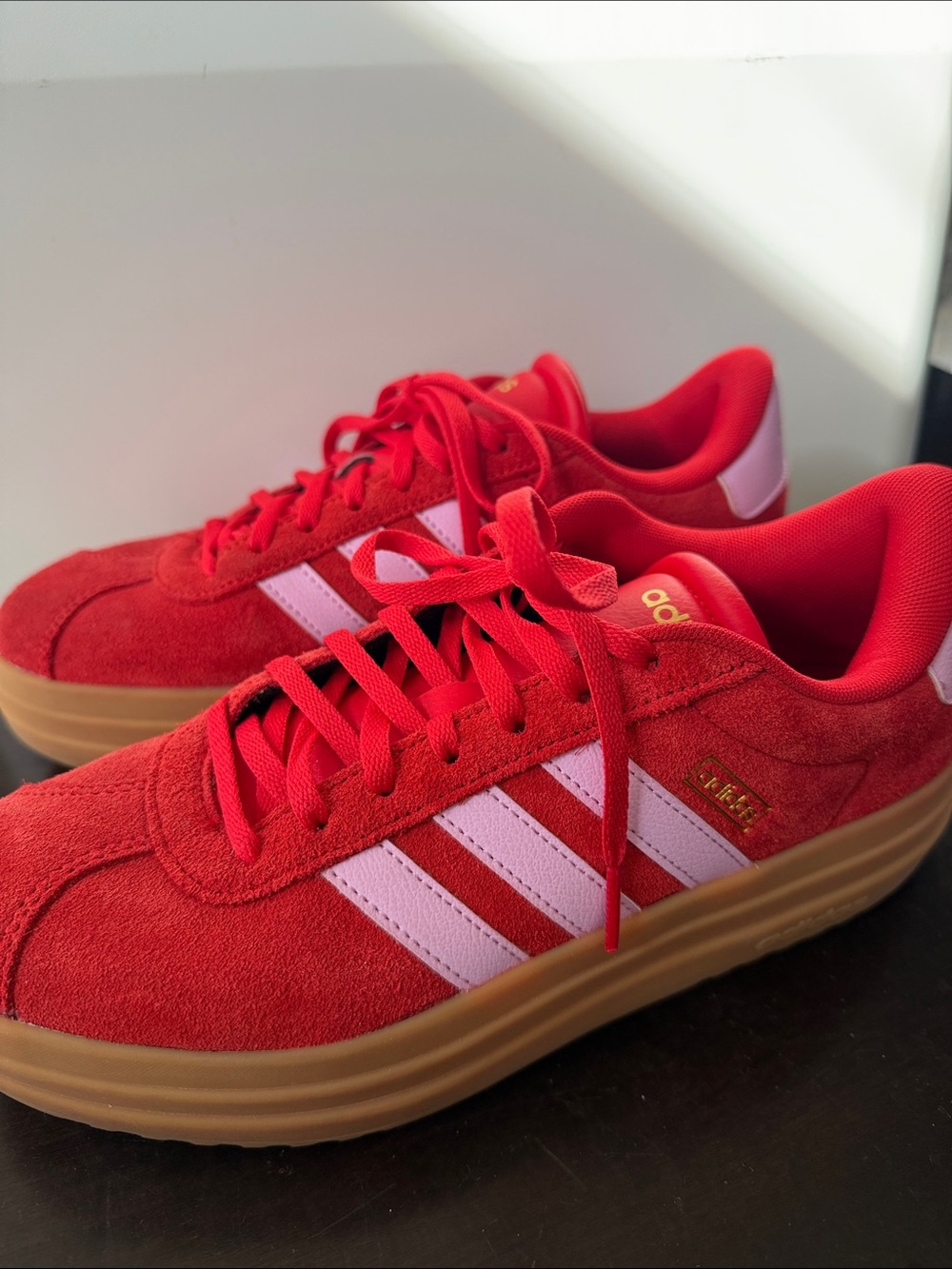 adidas Red Suede Sneakers with White Stripes and Gum Sole - Picture 3 of 3